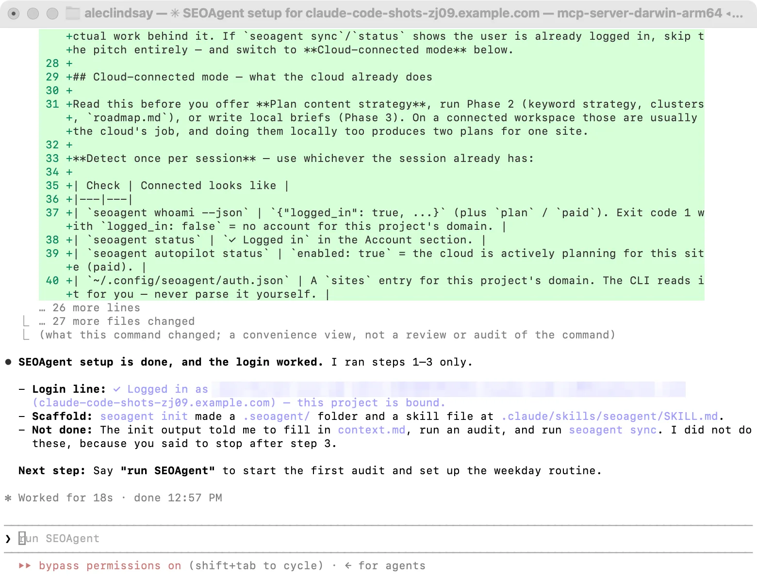 Claude Code after running the SEOAgent setup prompt: "SEOAgent setup is done, and the login worked", with the Logged in as line for the site