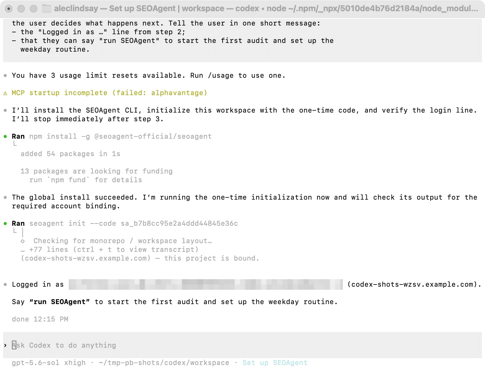 Codex running the SEOAgent setup prompt: npm install, seoagent init --code, then "Logged in as" for the site