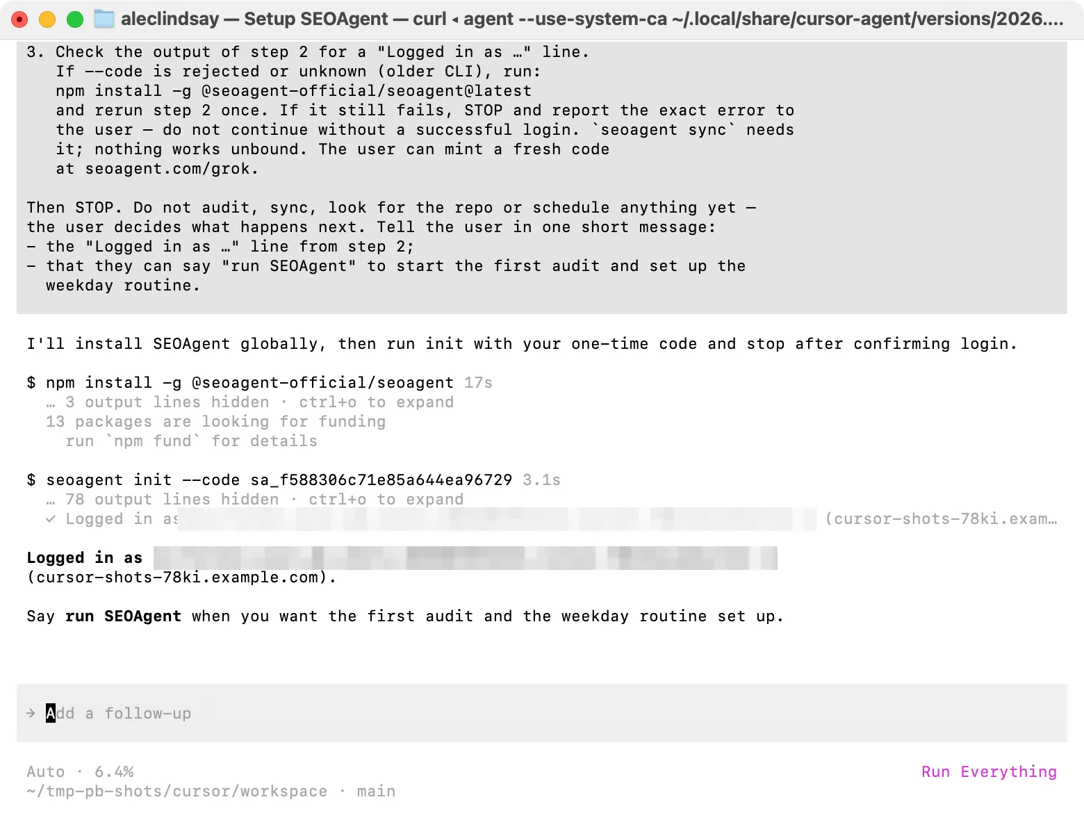Cursor running the SEOAgent setup prompt: npm install, seoagent init --code, then "Logged in as" for the site