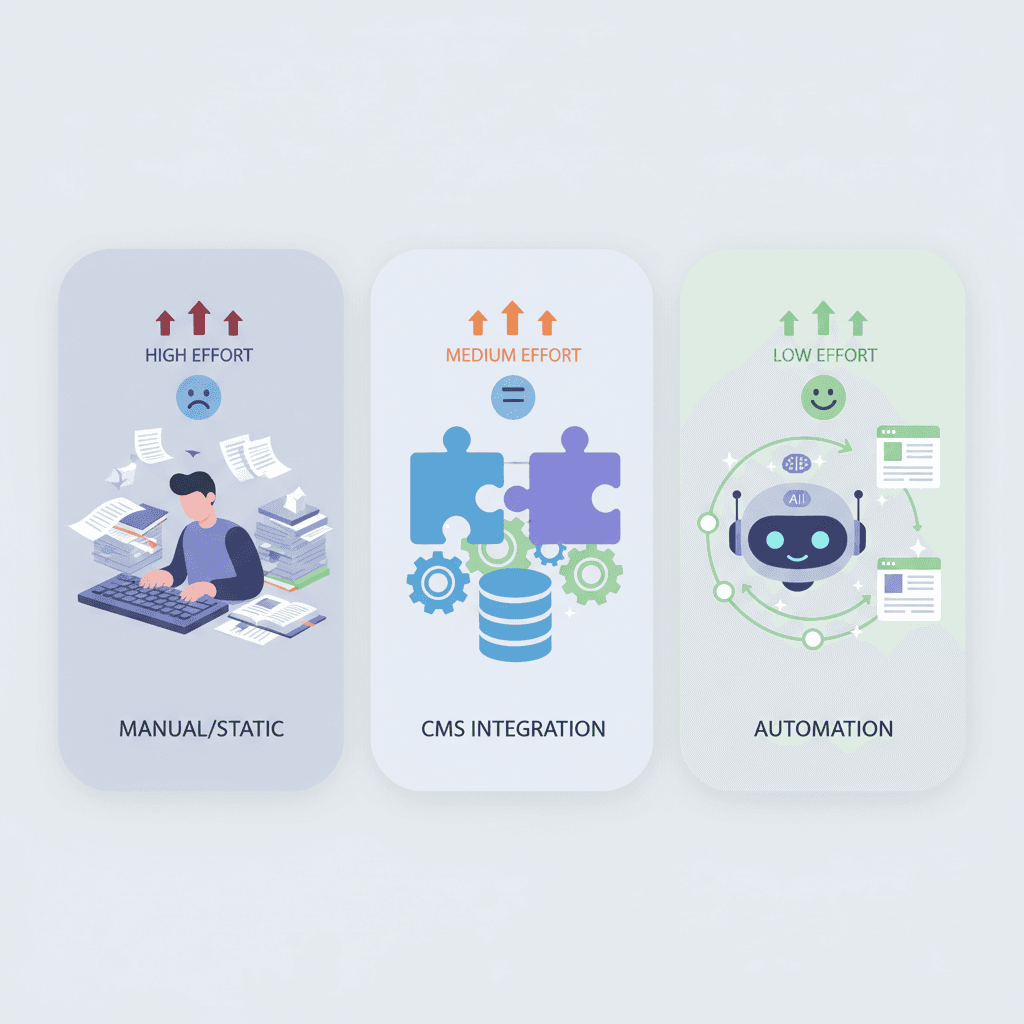 Comparison of three approaches: Manual content creation, CMS integration (old world), and LovableSEO automation (modern approach)